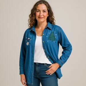 Vintage Long Denim Christmas Snowman Tree embroidered button down top with XL